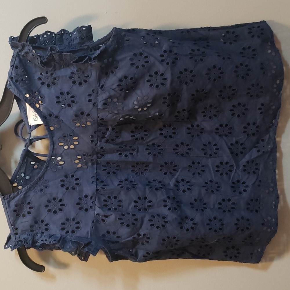 Isa & Ella NWT Navy Eyelet Ruffle Cap Sleeve Tie Back Top, Small